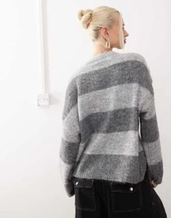 Noisy May Oversize Texture Jumper In Tonal Grey Stripe For Women Light Grey Melange -Noisy May Shop 206445284 4