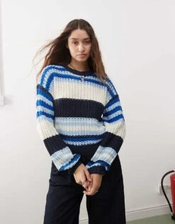 Noisy May Chunky Open Knit Jumper In Cream & Blue Stripe For Women Navy Blazer -Noisy May Shop 206445292 1 navyblazer 1