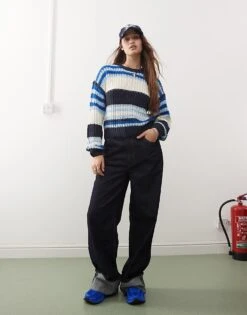 Noisy May Chunky Open Knit Jumper In Cream & Blue Stripe For Women Navy Blazer -Noisy May Shop 206445292 3