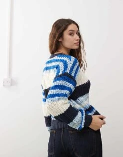 Noisy May Chunky Open Knit Jumper In Cream & Blue Stripe For Women Navy Blazer -Noisy May Shop 206445292 4