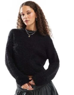Noisy May Crew Neck Fuzzy Knit Jumper In Black For Women -Noisy May Shop 206445306 1 black 1