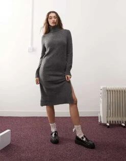Noisy May High Neck Knitted Midi Jumper Dress In Grey For Women Dark Grey Melange