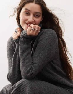 Noisy May High Neck Knitted Midi Jumper Dress In Grey For Women Dark Grey Melange -Noisy May Shop 206445314 3