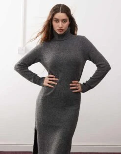 Noisy May High Neck Knitted Midi Jumper Dress In Grey For Women Dark Grey Melange -Noisy May Shop 206445314 4