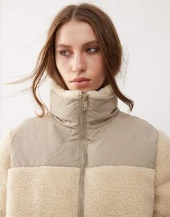 Noisy May High Neck Teddy Padded Jacket In Beige For Women Pearled Ivory -Noisy May Shop 206445322 3