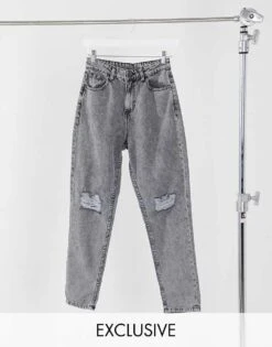Noisy May Exclusive Mom Jeans With High Waist And Destroyed Knees In Light Grey Denim For Women -Noisy May Shop 20647687 1 grey 1