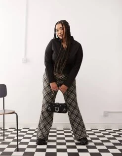 Noisy May Curve Flare Trousers In Black Check For Women