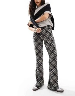 Noisy May Flared Trousers In Black Check For Women