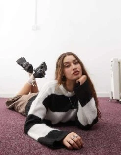 Noisy May Oversize Fuzzy Jumper In Black & Stone Stripe For Women Eggnog Black -Noisy May Shop 206531673 1 eggnogblack 1