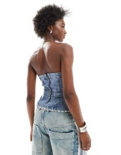 Noisy May Denim Corset Top In Blue Acid Wash For Women Medium Blue Denim -Noisy May Shop 206531699 4