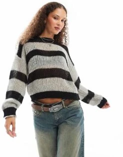 Noisy May Open Knit Jumper In Black And Grey Stripe For Women