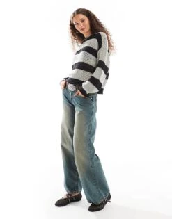 Noisy May Open Knit Jumper In Black And Grey Stripe For Women -Noisy May Shop 206531719 3