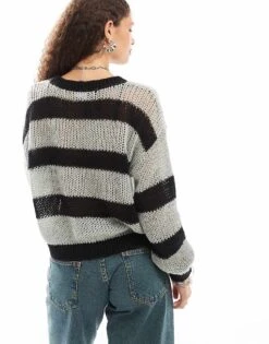 Noisy May Open Knit Jumper In Black And Grey Stripe For Women -Noisy May Shop 206531719 4