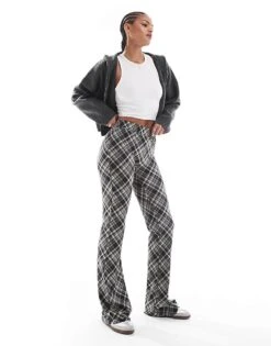 Noisy May Tall Flare Trousers In Black Check For Women