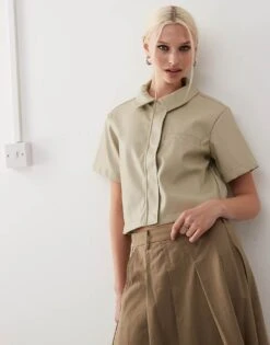 Noisy May Faux Leather Cropped Shirt In Beige For Women Agate Gray