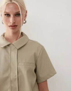Noisy May Faux Leather Cropped Shirt In Beige For Women Agate Gray -Noisy May Shop 206531768 3