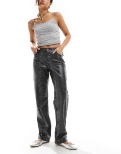 Noisy May Faux Leather Slim Fit Trousers In Grey Snake Print For Women Agate Gray