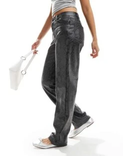 Noisy May Faux Leather Slim Fit Trousers In Grey Snake Print For Women Agate Gray -Noisy May Shop 206531816 4