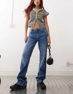 Noisy May Nila Low Rise Wide Fit Jeans In Mid Wash For Women Medium Blue Denim