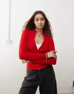 Noisy May Zip Through Knitted Top In Red For Women Racing Red