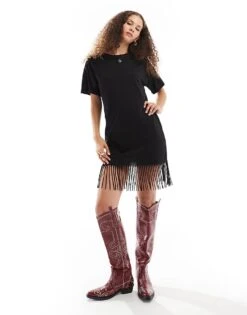 Noisy May Tassle Mini T-shirt Dress In Black For Women