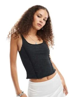 Noisy May Seem Detail Tank Top In Acid Wash Black For Women Black Wash