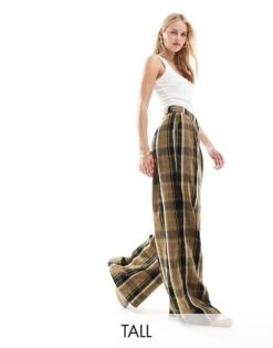 Noisy May Tall High Waist Wide Leg Trousers With Pleat Detail In Khaki Check For Women Green Moss