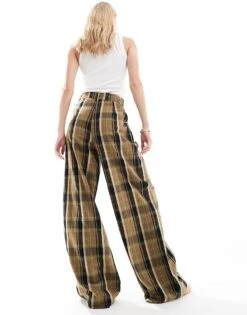 Noisy May Tall High Waist Wide Leg Trousers With Pleat Detail In Khaki Check For Women Green Moss -Noisy May Shop 206555712 3