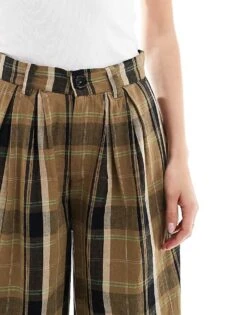 Noisy May Tall High Waist Wide Leg Trousers With Pleat Detail In Khaki Check For Women Green Moss -Noisy May Shop 206555712 4