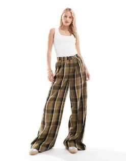 Noisy May Tall High Waist Wide Leg Trousers With Pleat Detail In Khaki Check For Women Green Moss -Noisy May Shop 206555712 5