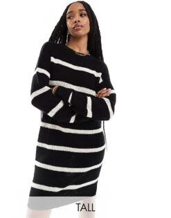 Noisy May Tall Slouchy Knitted Dress In Black With Cream Stripe For Women Black Eggnog