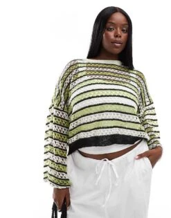 Noisy May Curve Open Knit Cropped Jumper With Wide Sleeves In Cream & Green For Women Eggnog & Green -Noisy May Shop 206555758 1 eggnoggreen 1