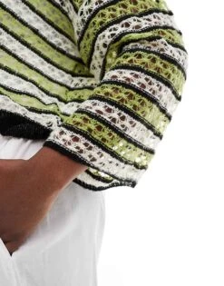 Noisy May Curve Open Knit Cropped Jumper With Wide Sleeves In Cream & Green For Women Eggnog & Green -Noisy May Shop 206555758 3