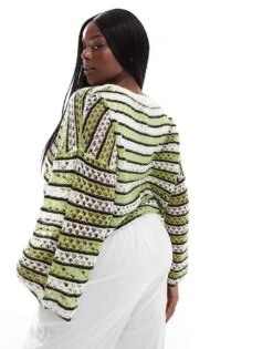 Noisy May Curve Open Knit Cropped Jumper With Wide Sleeves In Cream & Green For Women Eggnog & Green -Noisy May Shop 206555758 4