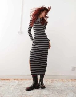 Noisy May Ribbed Midaxi Dress In Black & Grey Stripe For Women Charcoal Grey
