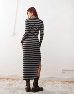 Noisy May Ribbed Midaxi Dress In Black & Grey Stripe For Women Charcoal Grey -Noisy May Shop 206572074 4