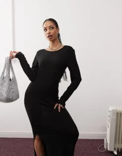 Noisy May Scoop Back Knitted Maxi Dress In Black Texture For Women