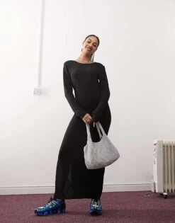 Noisy May Scoop Back Knitted Maxi Dress In Black Texture For Women -Noisy May Shop 206572090 3