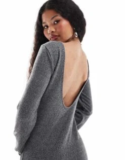 Noisy May Petite Scoop Back Knitted Maxi Dress In Grey Texture For Women Dark Grey Melange -Noisy May Shop 206572117 3