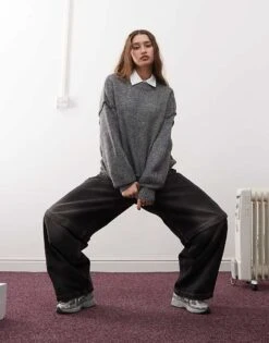 Noisy May Exposed Seam Detail Jumper In Grey For Women Dark Grey Melange