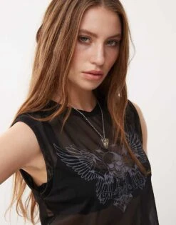 Noisy May Cropped Mesh Tank Top With Skull Print In Black For Women -Noisy May Shop 206572138 4