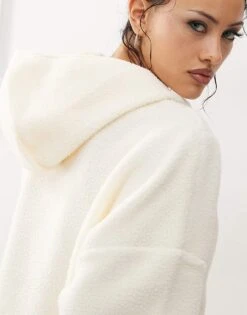 Noisy May 1/4 Zip Hooded Fleece In Cream For Women Eggnog -Noisy May Shop 206572154 3