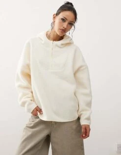 Noisy May 1/4 Zip Hooded Fleece In Cream For Women Eggnog -Noisy May Shop 206572154 4