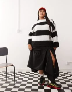 Noisy May Curve Oversize Texture Jumper In Mono Stripe For Women Eggnog Black -Noisy May Shop 206573730 3