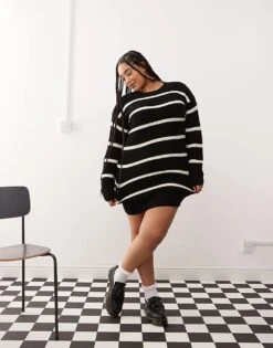 Noisy May Curve Slouchy Knitted Dress In Black With Cream Stripe For Women Black Eggnog -Noisy May Shop 206573738 1 blackeggnog 1