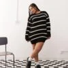 Noisy May Curve Slouchy Knitted Dress In Black With Cream Stripe For Women Black Eggnog