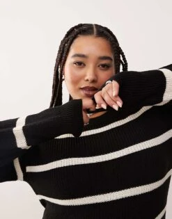 Noisy May Curve Slouchy Knitted Dress In Black With Cream Stripe For Women Black Eggnog -Noisy May Shop 206573738 4