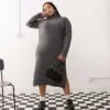 Noisy May Curve High Neck Knitted Midi Jumper Dress In Grey For Women Dark Grey Melange