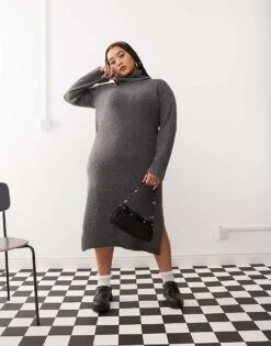 Noisy May Curve High Neck Knitted Midi Jumper Dress In Grey For Women Dark Grey Melange