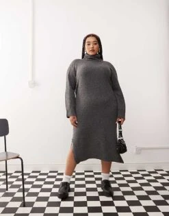 Noisy May Curve High Neck Knitted Midi Jumper Dress In Grey For Women Dark Grey Melange -Noisy May Shop 206573754 4